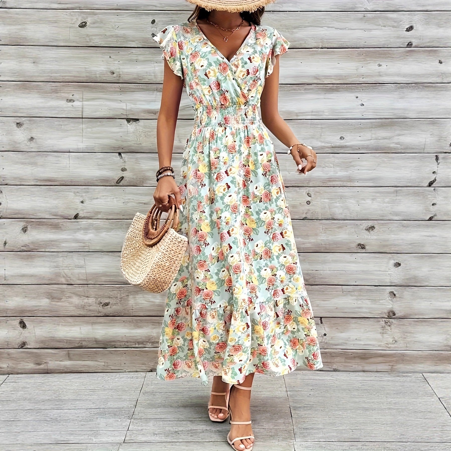 Damen Maxikleid mit fließendem Schnitt und Rüschen R&B