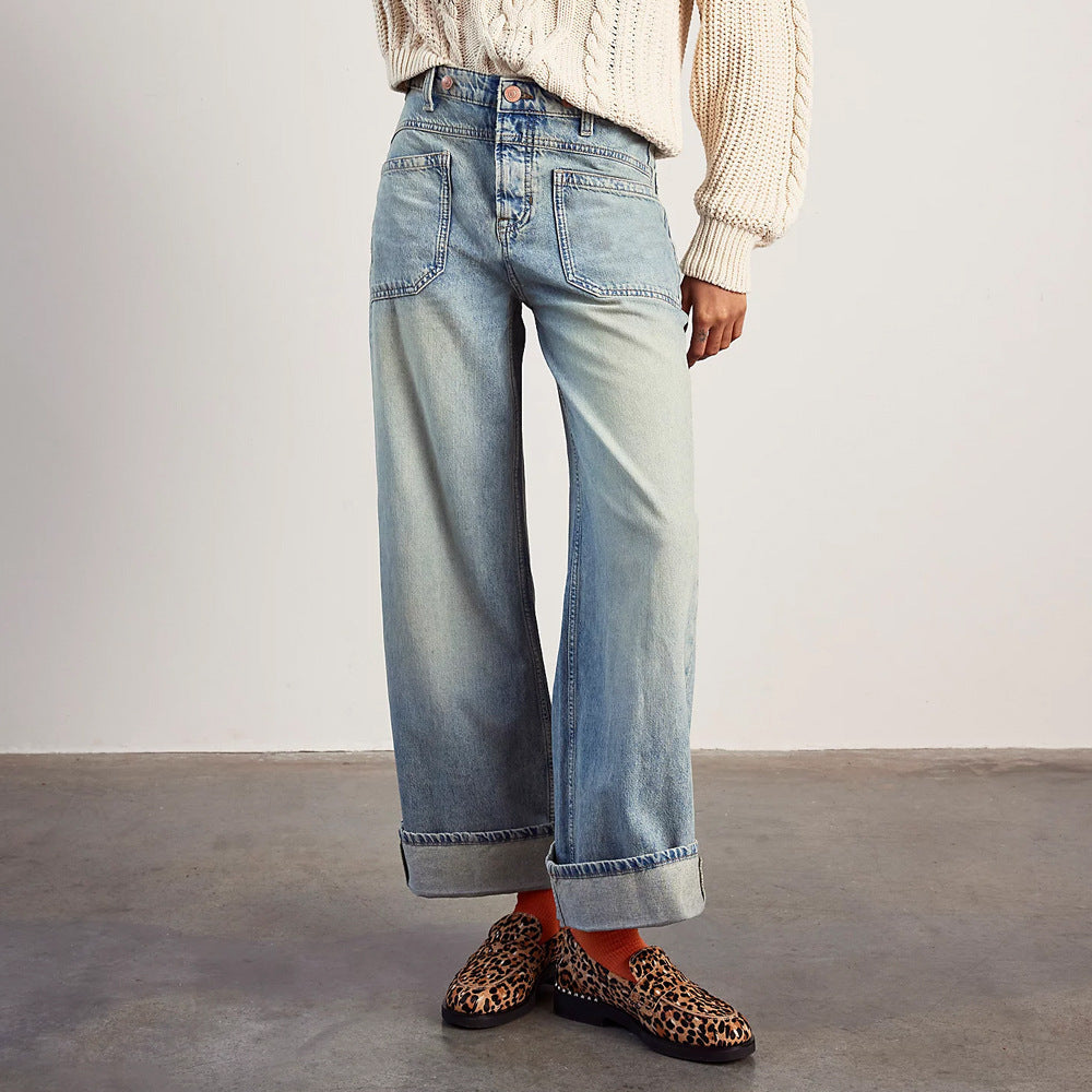 Damen Weite Jeans mit hoher Taille und gesundem Schnitt R&B