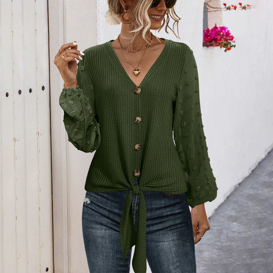 Damen modisches Blusenshirt mit Knopfdetails und voluminösen Ärmeln R&B