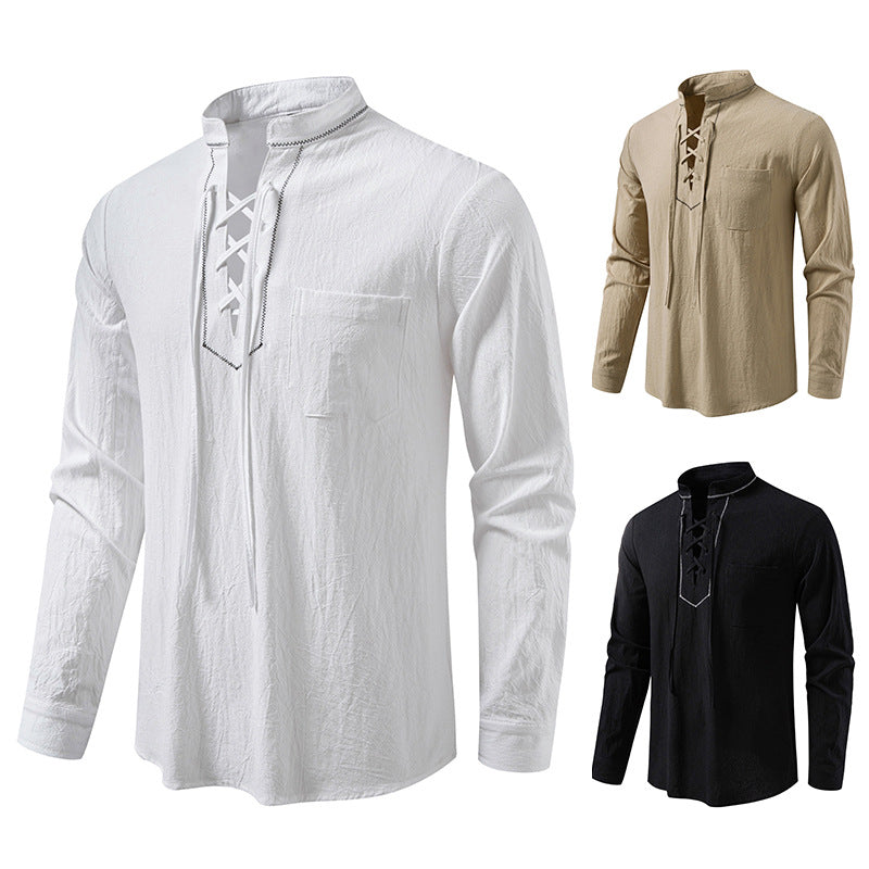 Herren Langarmshirt mit hochwertigem Stehkragen und dekorativer Schnürung R&B