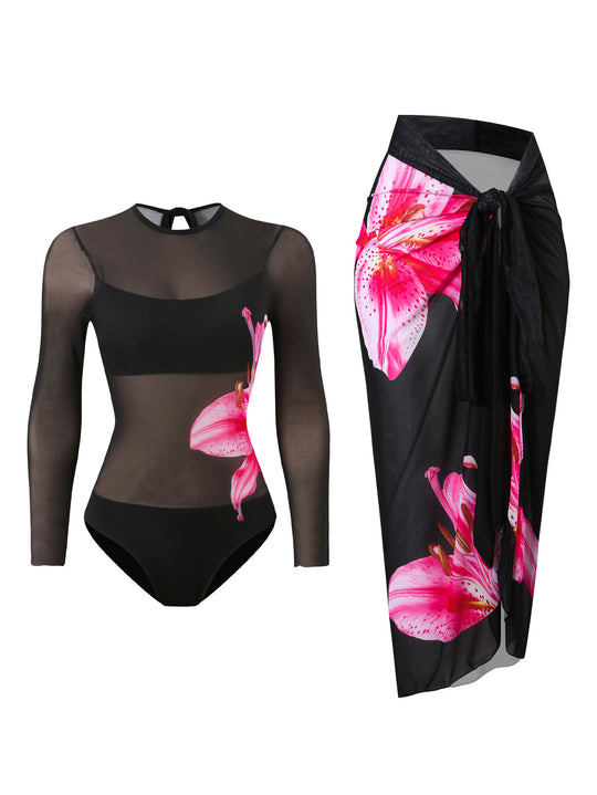 Damen Badeanzug mit elegantem transparentem Wickelrock R&B