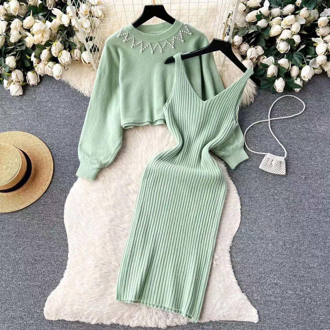 Damen Elegantes Strickkleid mit raffinierter Ribstruktur und stylischem Crop-Pullover R&B