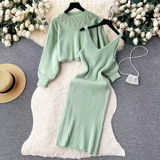 Damen Elegantes Strickkleid mit raffinierter Ribstruktur und stylischem Crop-Pullover R&B