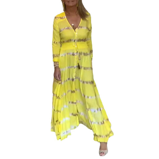 Damen nan fließendes Maxikleid mit V-Ausschnitt, durchgehender Knopfleiste, taillierendem Quastenband und plissiertem Rock R&B