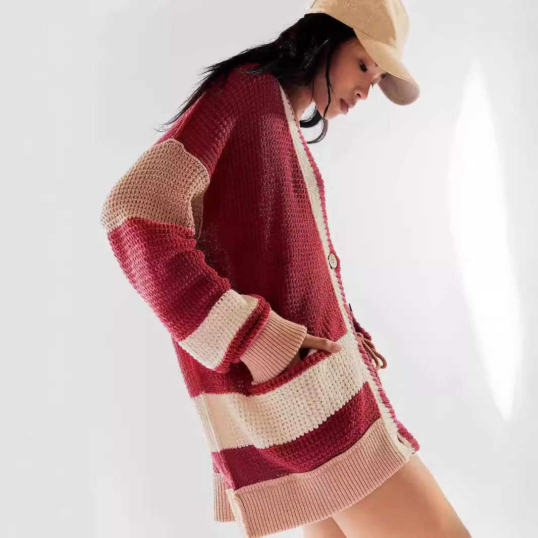 Damen lässiger Strickcardigan mit großen Taschen und stilvollen Kontraststreifen R&B
