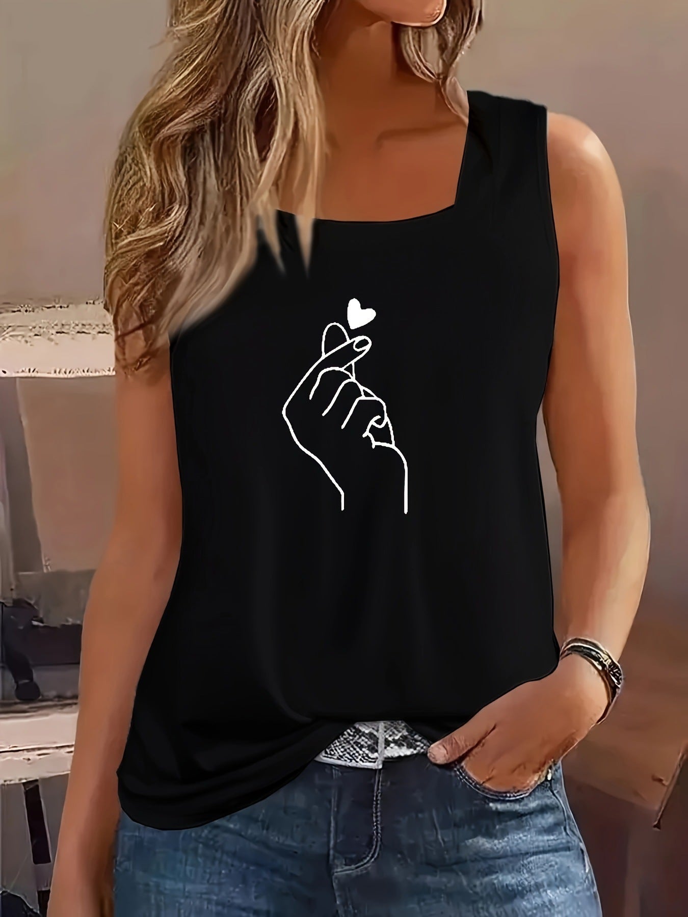 Damen ärmelloses T-Shirt mit kreativem Handdesign R&B