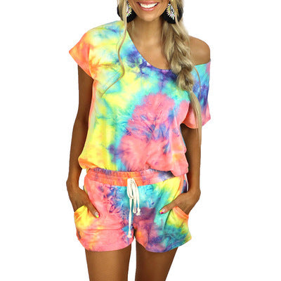 Damen lässiger Einteiler mit asymmetrischem Schnitt und buntem Batikdesign R&B