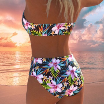 Damen Bandeau-Bikini-Set mit hochgeschnittenem Höschen und tropischem Blütenmuster R&B