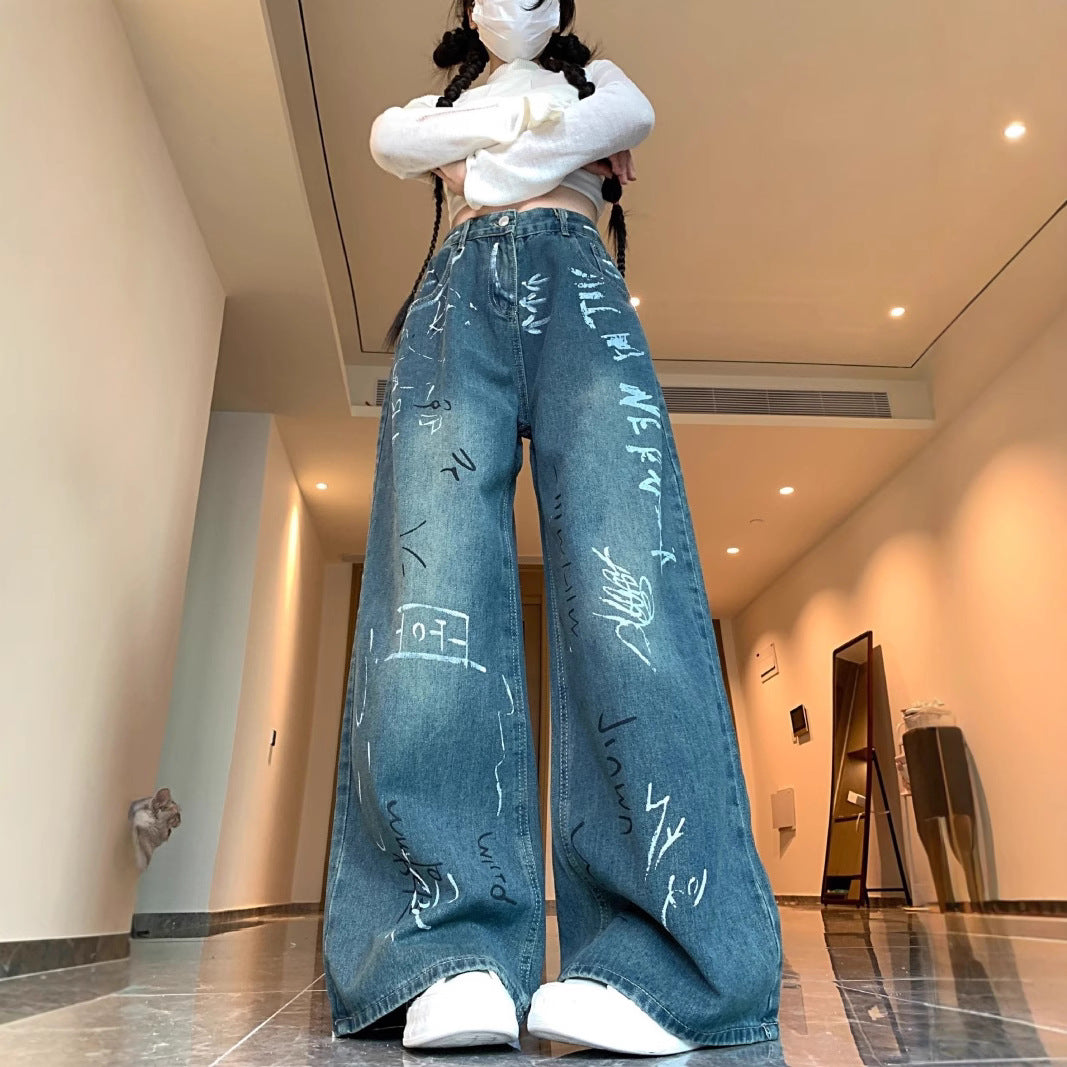 Damen Weite Jeanshose mit kreativem Graffiti-Design R&B