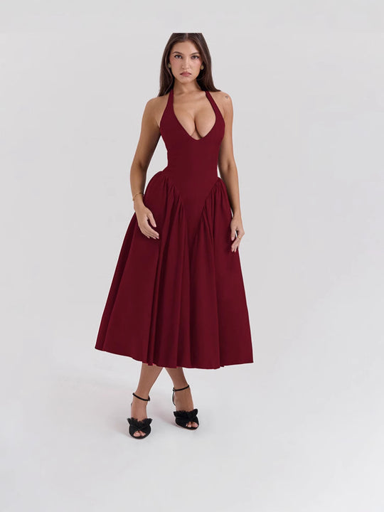 Damen Maxikleid mit elegantem Halterneck und voluminösem Rock Heidi-Mode