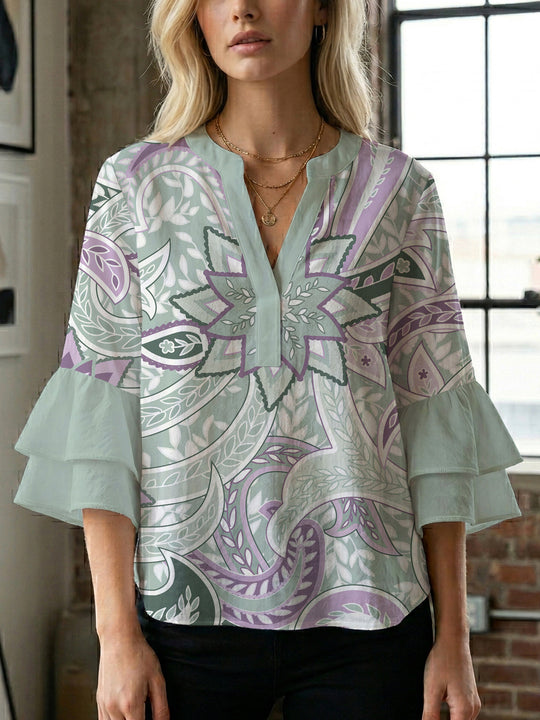 Damen Bluse mit voluminösen Rüschenärmeln und kreativem Floraldesign R&B