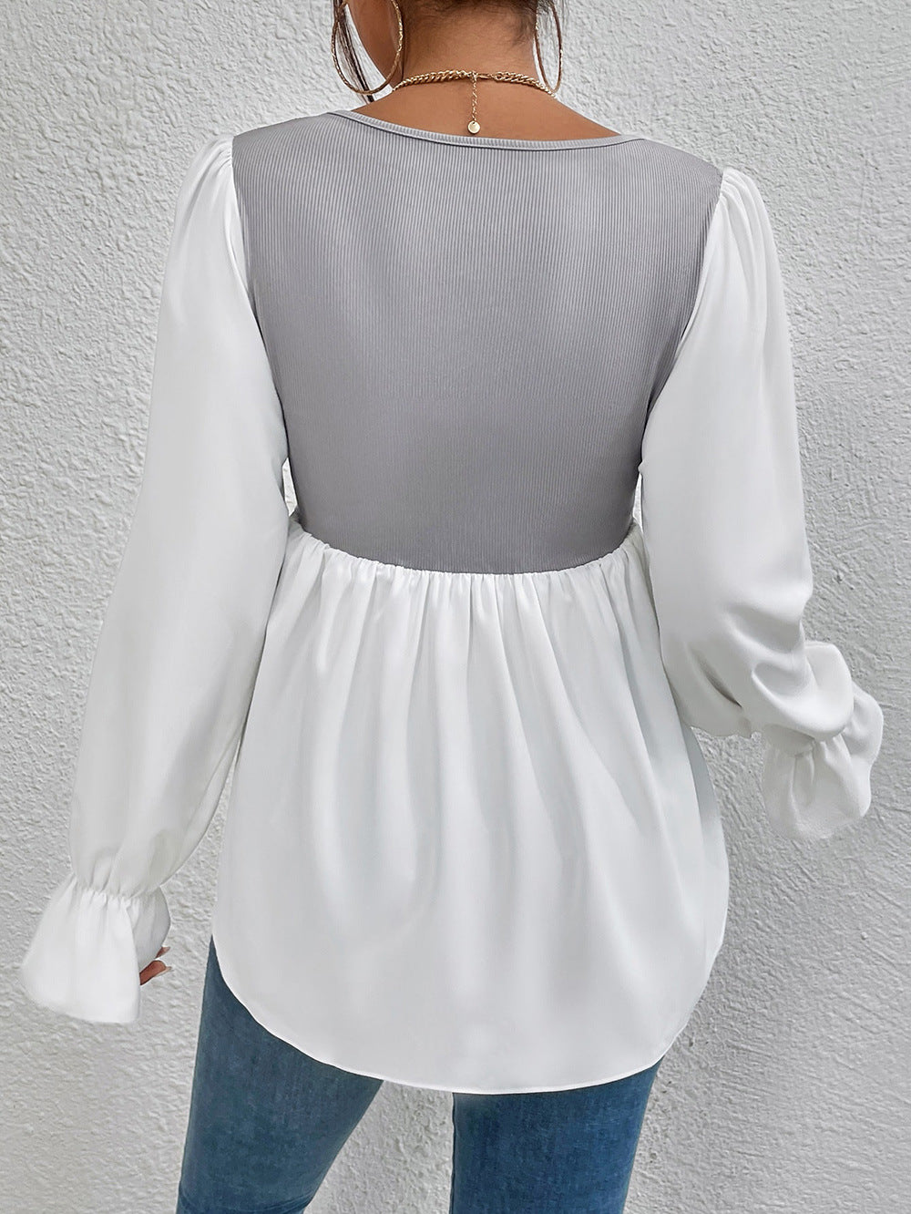 Damen elegantes Oberteil mit asymmetrischem V-Ausschnitt und Puffärmeln R&B