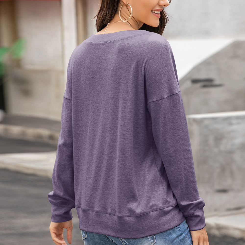 Damen gemütliches Langarm-Henley-Shirt mit Knopfleiste und tiefem Rundhalsausschnitt R&B