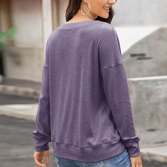 Damen gemütliches Langarm-Henley-Shirt mit Knopfleiste und tiefem Rundhalsausschnitt R&B