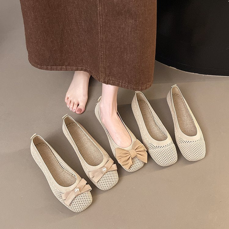 Damen elegante Ballerinas mit zierlichem Schleifen- und Perlenschmuck R&B