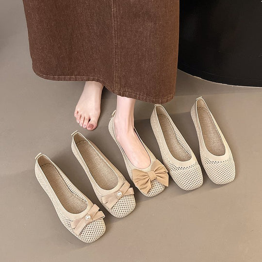 Damen elegante Ballerinas mit zierlichem Schleifen- und Perlenschmuck R&B