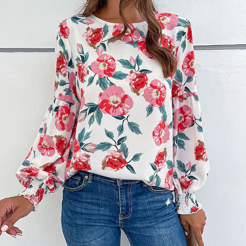 Damen Bluse mit floralen Mustern und voluminösen Ärmeln R&B