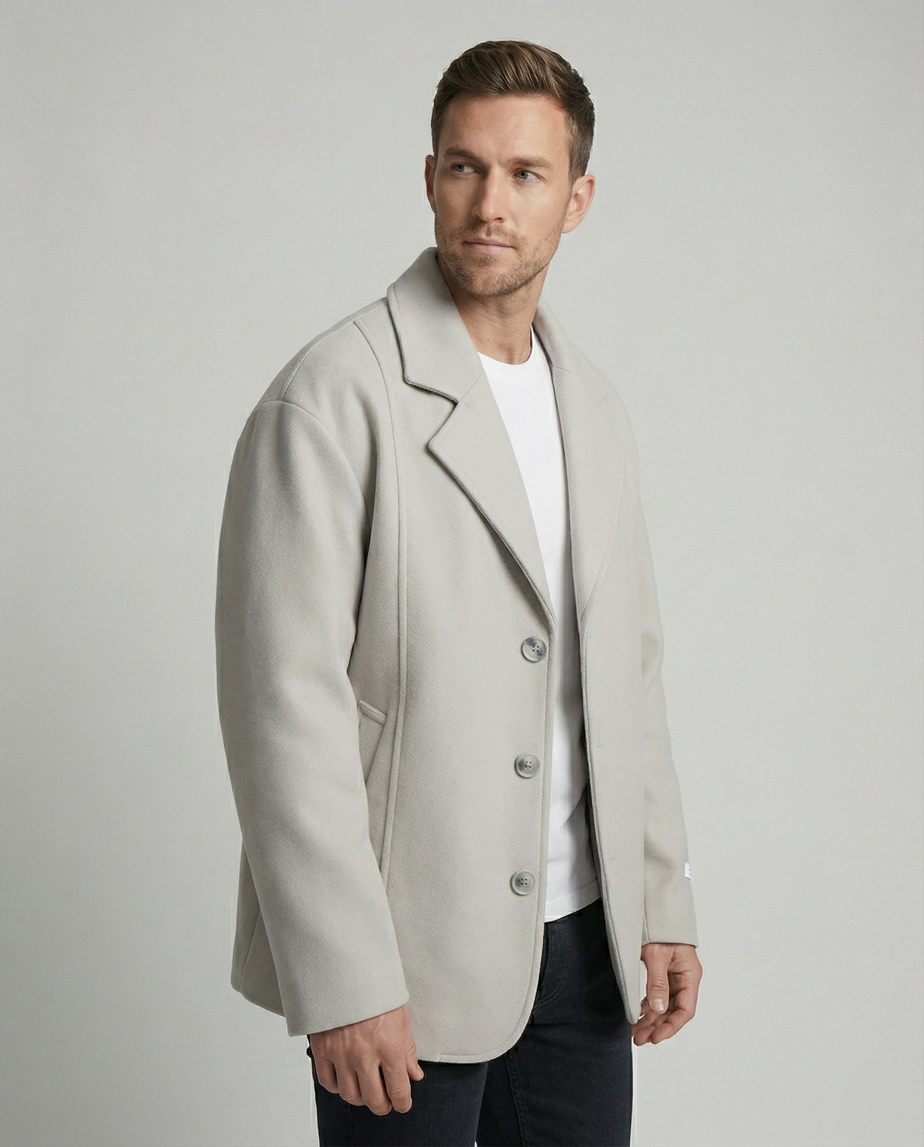 Herren kurzer Wollmix-Sakko mit kastiger Silhouette, tiefem Revers und verdeckten Eingrifftaschen R&B