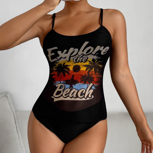 Damen Tankini-Set mit sportlichem Grafikdesign und hoch tailliertem Höschen R&B