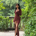 Damen elegantes Wickelkleid mit tiefem Schnitt und langen Ärmeln EB