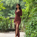 Damen elegantes Wickelkleid mit tiefem Schnitt und langen Ärmeln EB