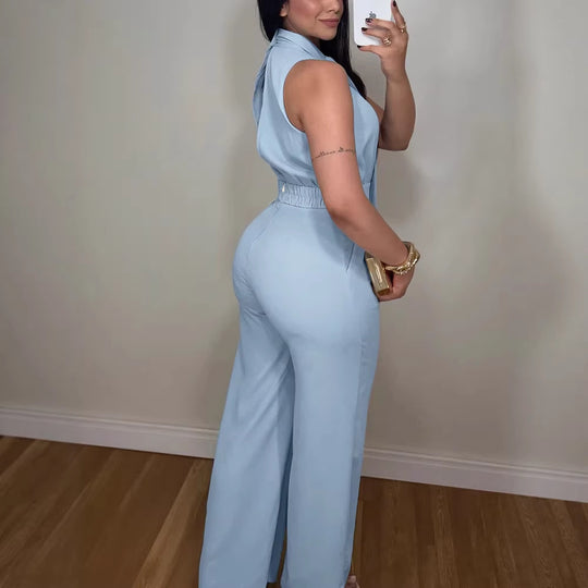 Damen eleganter Jumpsuit mit fließendem Schnitt und bindbarem Kragen R&B