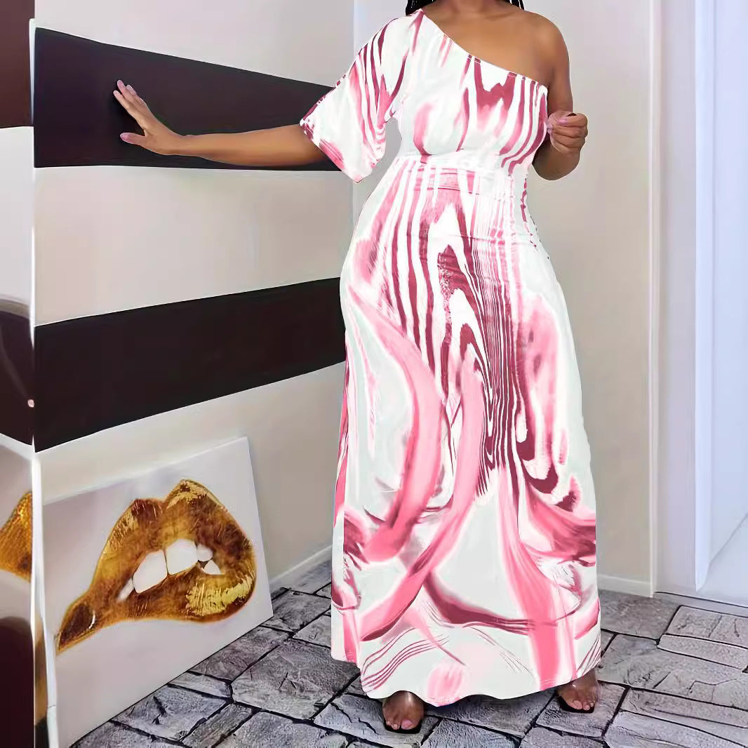Damen Maxikleid mit asymmetrischem Schnitt und elegantem Muster R&B