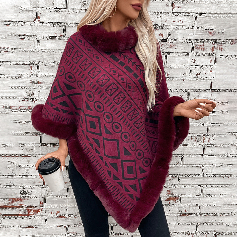 Damen modischer Poncho mit dekorativem Kunstfellkragen R&B