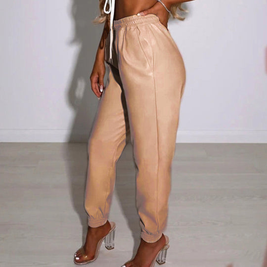 Damen Bequeme Kunstleder Jogginghose R&B