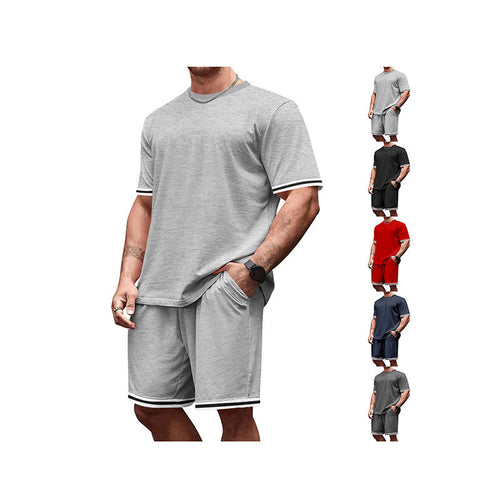 Herren nan sportliches Lounge-Set aus hochwertiger Baumwollmischung mit körpernahem Kurzarmshirt und Kordel-Shorts mit kontrastierenden Bündchen R&B
