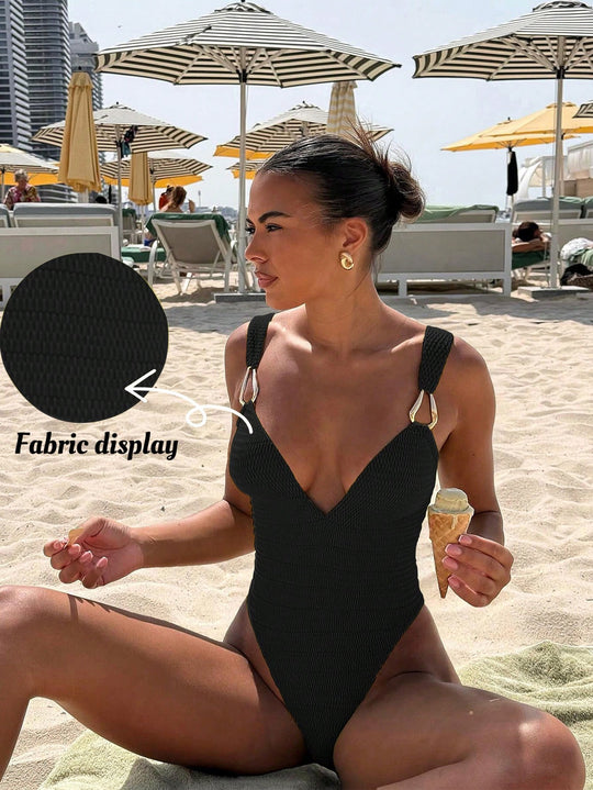 Damen Einteiler Badeanzug mit elegantem V-Ausschnitt und dekorativen Trägern R&B