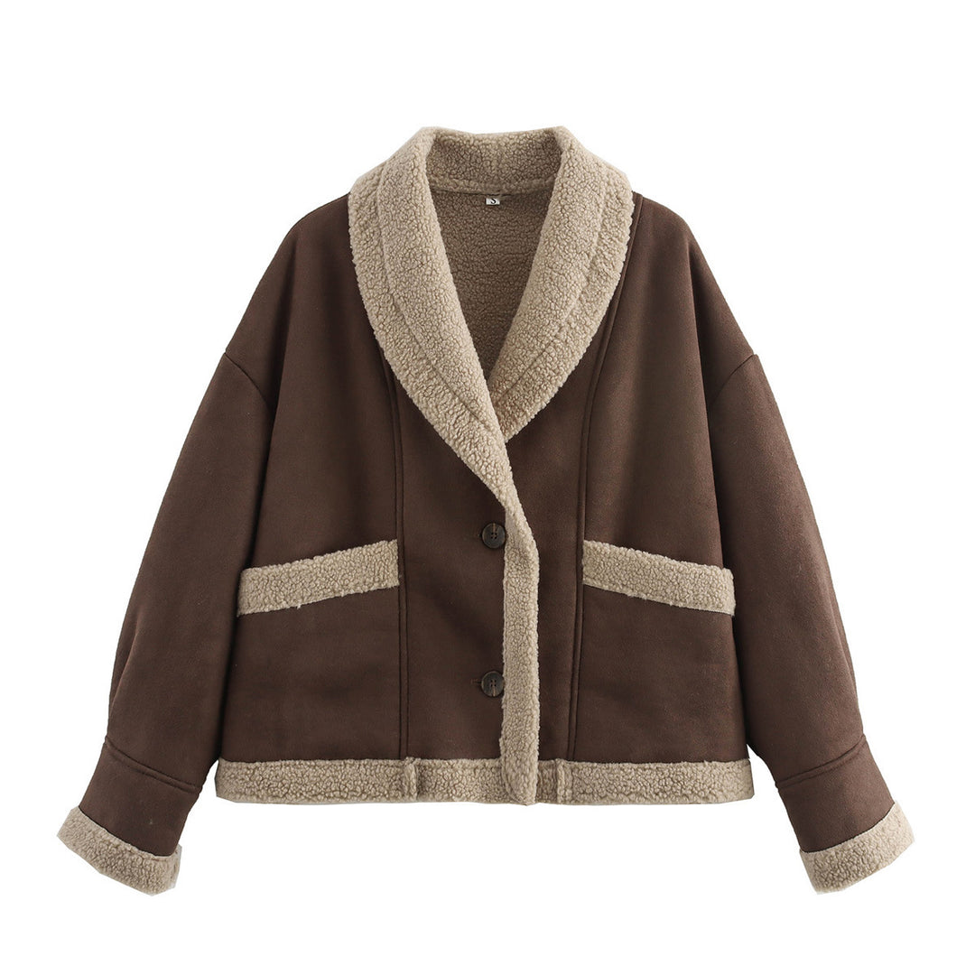 Damen modische Teddyjacke mit schickem Kragen und praktischen Taschen R&B