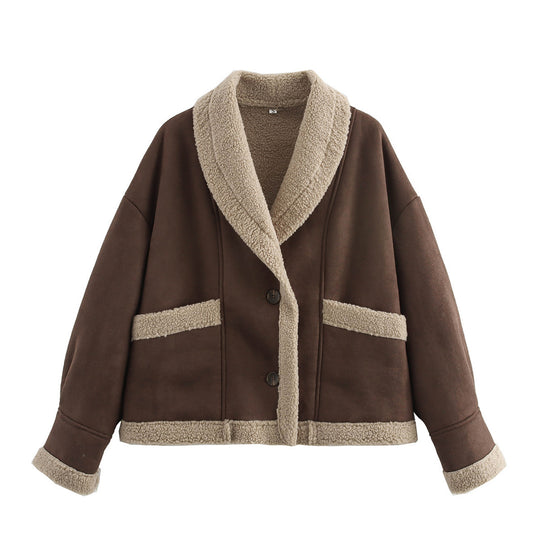 Damen modische Teddyjacke mit schickem Kragen und praktischen Taschen R&B
