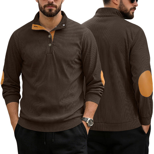 Herren nan lässiger Strukturpullover mit Polokragen, kurzer Knopfleiste und veganen Lederbesätzen R&B