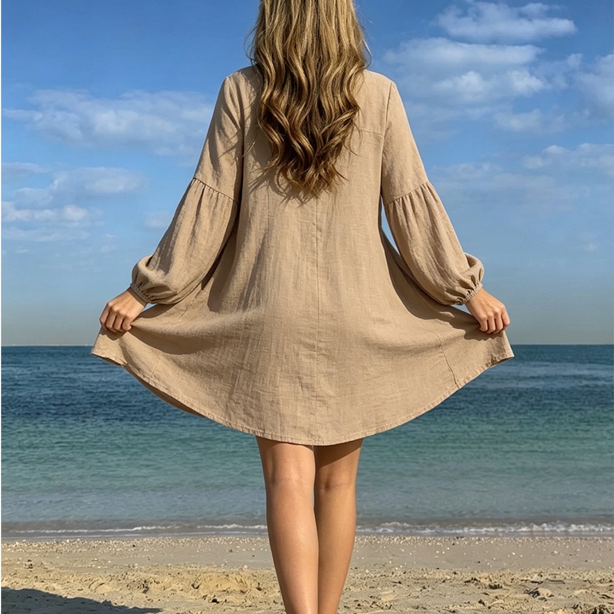 Damen lässiges Strandhemdkleid mit Knopfleiste und ballonförmigen Ärmeln R&B