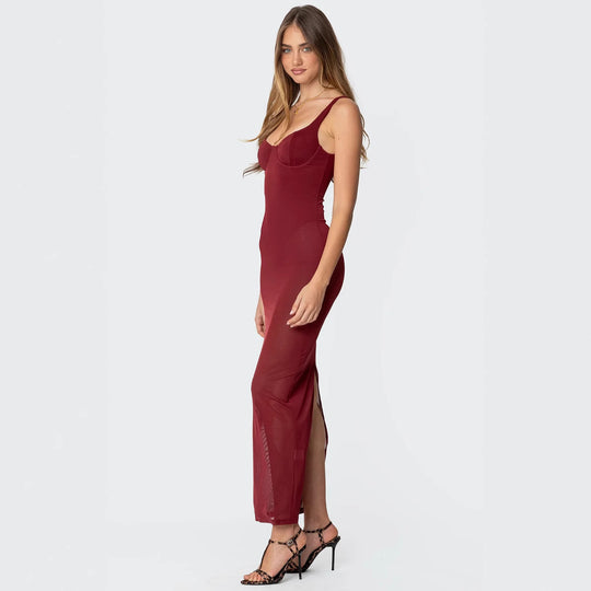 Damen Maxikleid mit figurbetonendem Schnitt und transparenten Einsätzen R&B