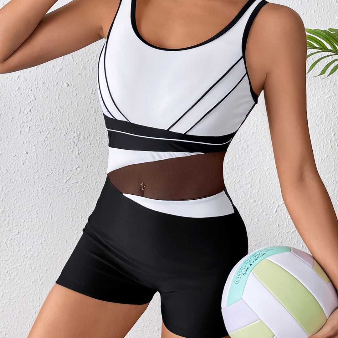 Damen Hochgeschlossener Sportbadeanzug mit modischem Netzdesign R&B