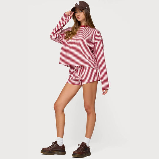 Damen Lässiges Streifen-Loungewear-Set mit langärmligem Oberteil und kurzer Hose R&B