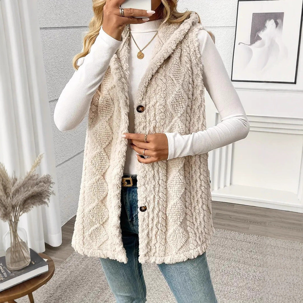 Damen Kuschelige Fleece-Weste mit Kapuze und Knopfverschluss R&B