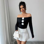 Damen Off-Shoulder Shirt mit dreidimensionalen Rosenapplikationen R&B