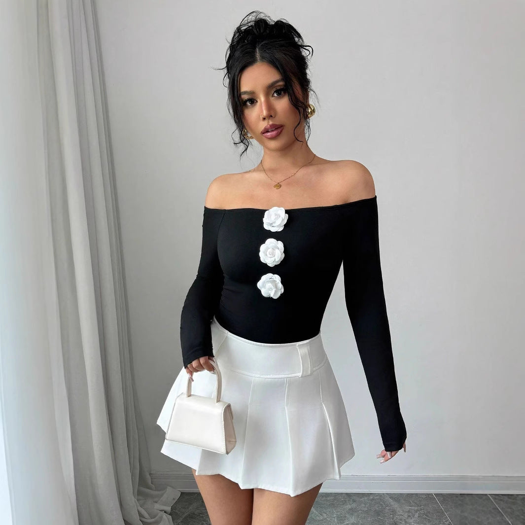 Damen Off-Shoulder Shirt mit dreidimensionalen Rosenapplikationen R&B