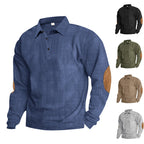 Herren lässiges Langarm-Henley-Shirt mit strukturiertem Rippenstoff und kontrastierenden Ellbogenpatches R&B