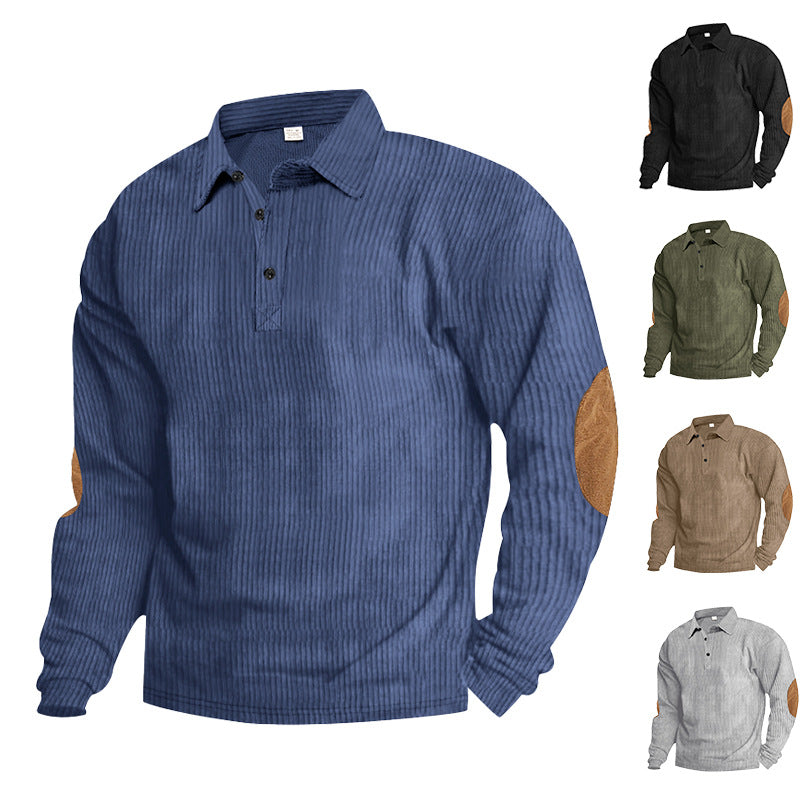 Herren lässiges Langarm-Henley-Shirt mit strukturiertem Rippenstoff und kontrastierenden Ellbogenpatches R&B