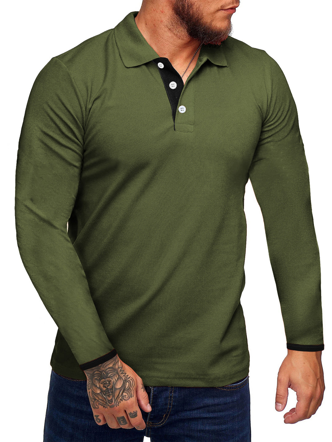 Herren Langarm-Polohemd mit kontrastierenden Knopfdetails R&B
