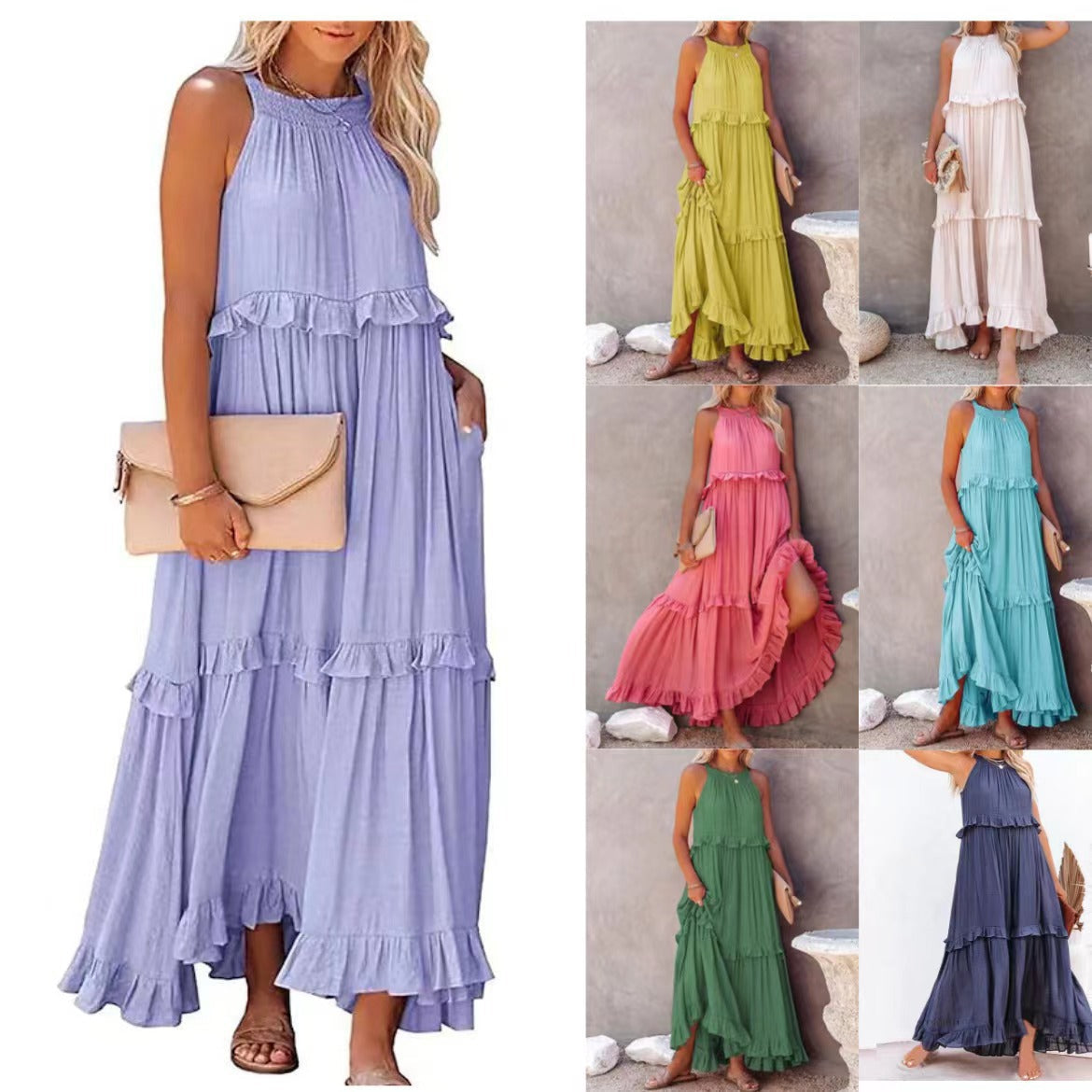 Damen Maxikleid mit einem eleganten Volant-Design und lockerem Schnitt R&B