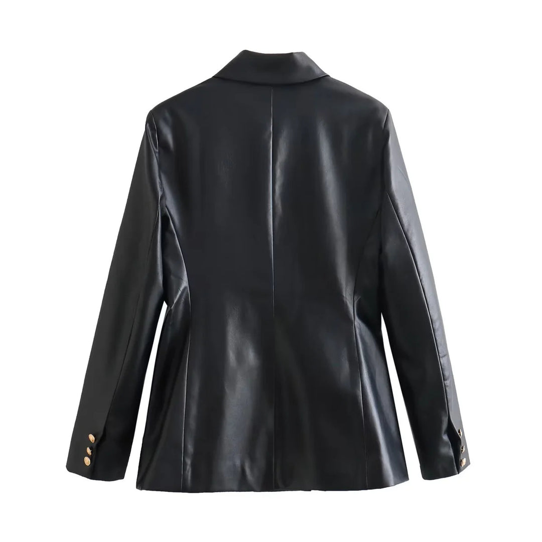 Damen elegante Kunstleder-Blazerjacke mit doppelter Knopfleiste und goldenen Akzenten R&B