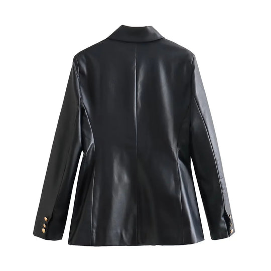 Damen elegante Kunstleder-Blazerjacke mit doppelter Knopfleiste und goldenen Akzenten R&B