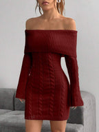 Damen Off-Shoulder Strickkleid mit Zopfmuster und voluminösen Ärmeln