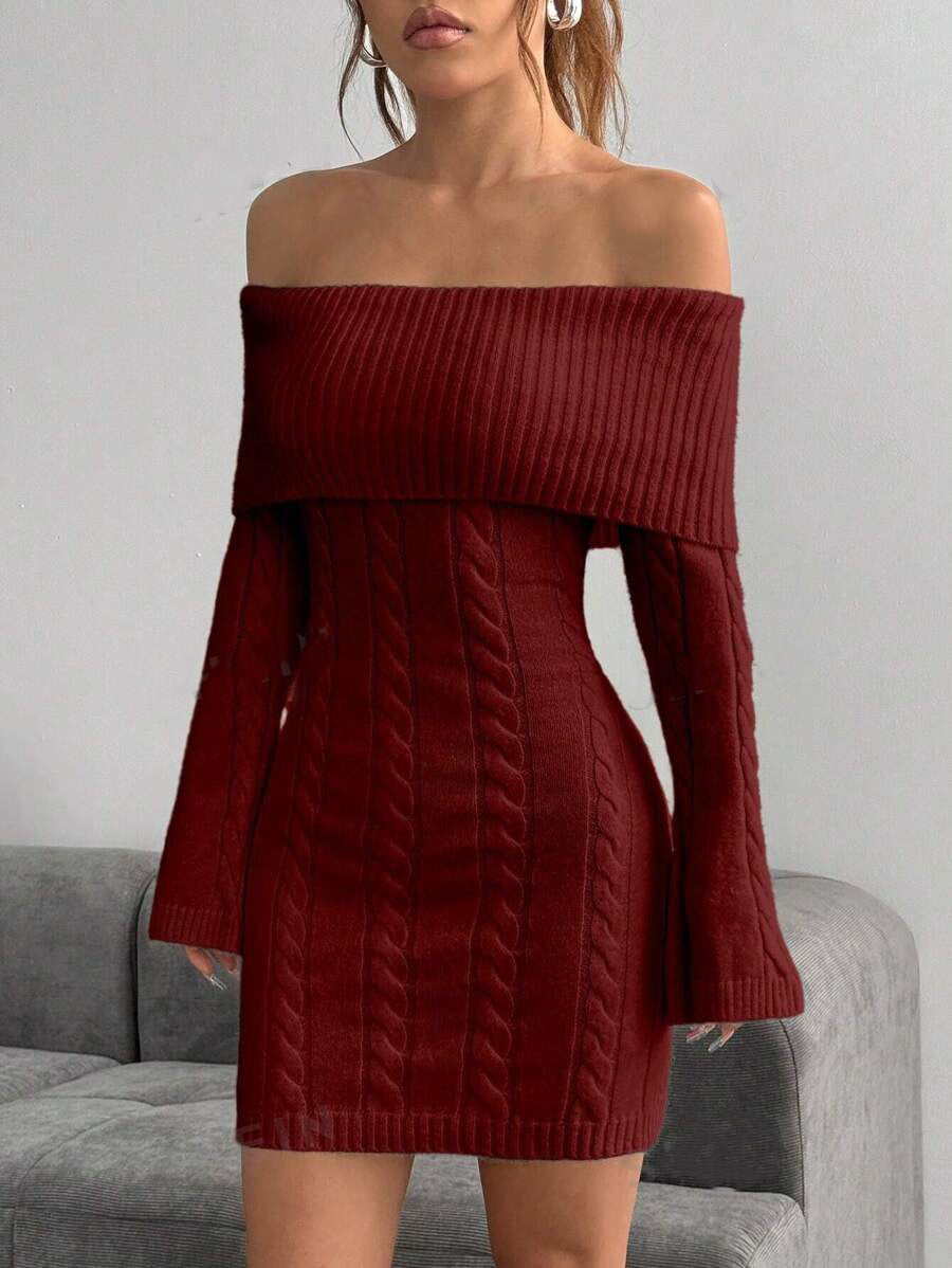 Damen Off-Shoulder Strickkleid mit Zopfmuster und voluminösen Ärmeln