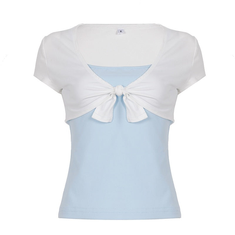 Damen Kurzarm Blusentop mit Knotendetail R&B